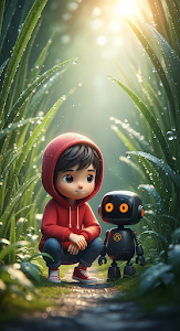 Cute Stylized Boy and Small Robot Crouching in Lush Green Grass Render