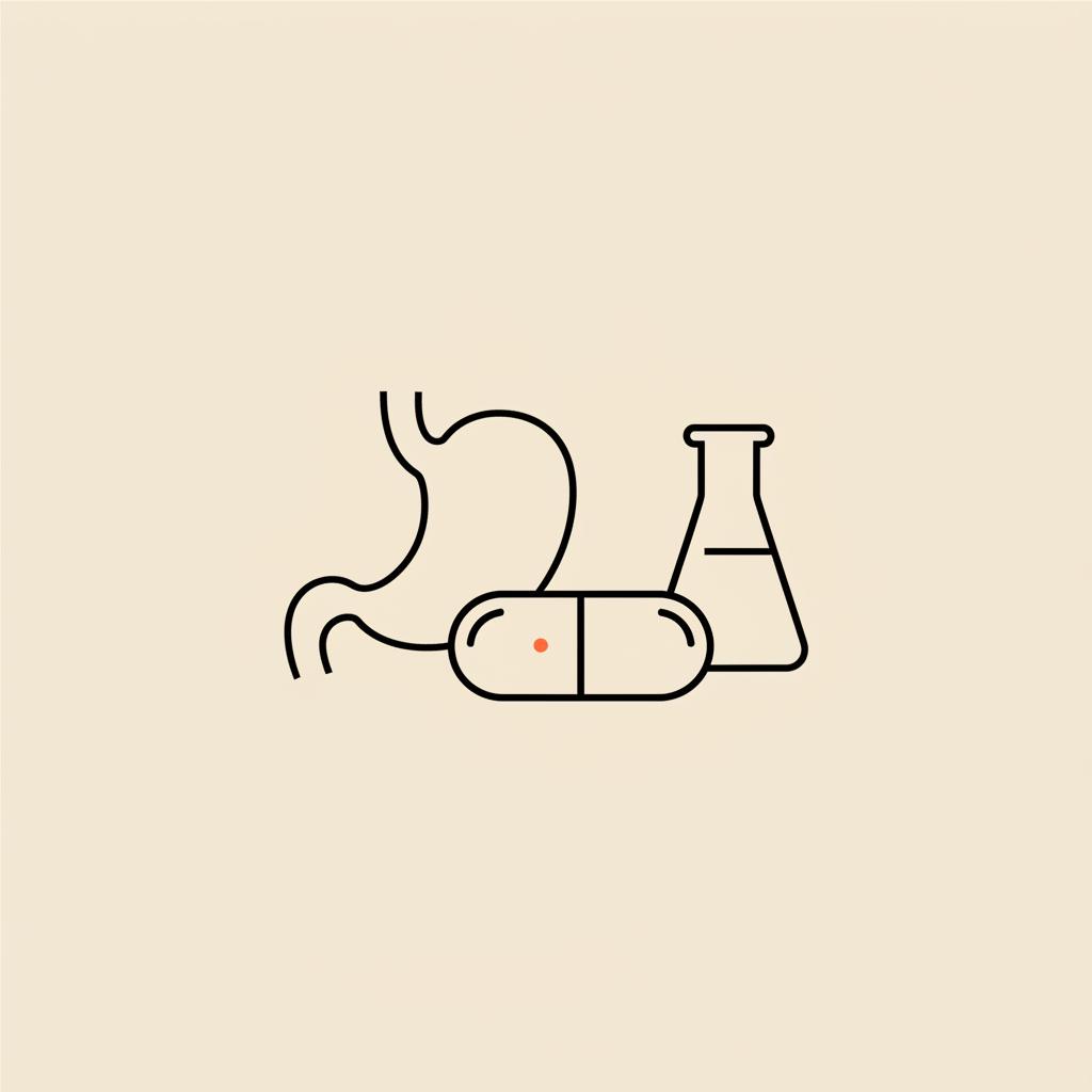 Minimalist Tonum-style line illustration of a capsule, simplified stomach icon, and lab beaker on a beige background, referencing oral semaglutide in a clean vector style.