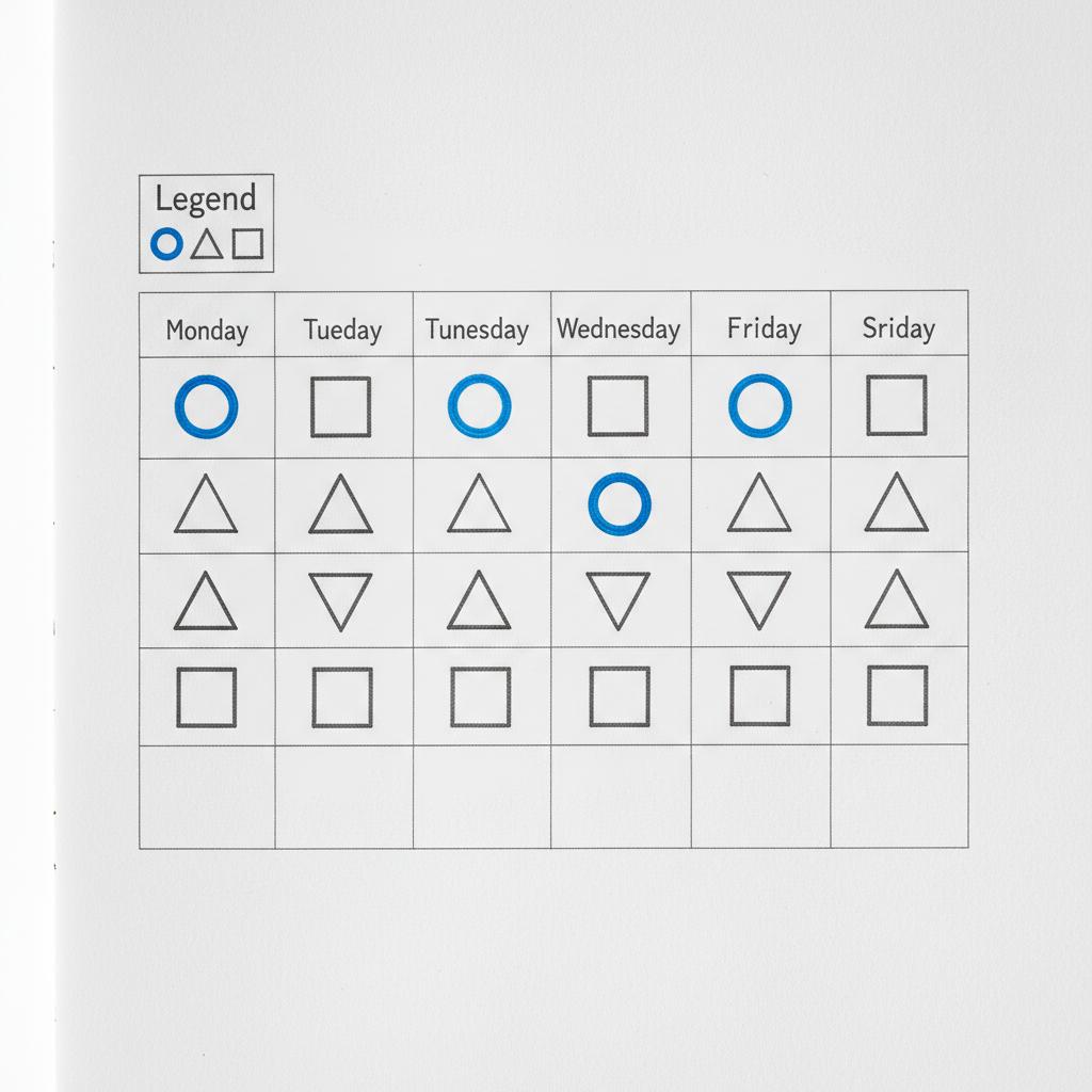 Close-up sketch of a weekly content calendar notebook with circle, triangle, and square icons for value, engage, promo; accent color #1a5bfb used; 4-1-1 rule on Twitter