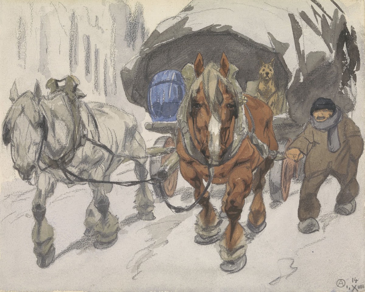 Boerenwagen met twee paarden ervoor 1914