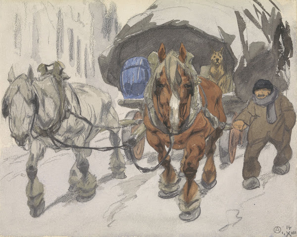 Boerenwagen met twee paarden ervoor 1914