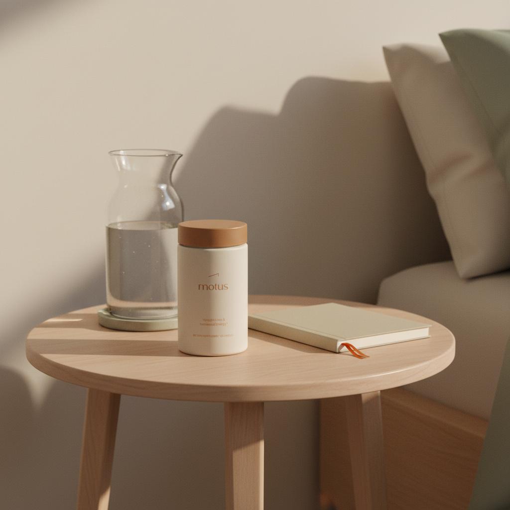 Tonum Motus container on a tidy bedside table with closed notebook and water carafe suggesting a daily oral routine — what is the oral alternative to Ozempic?