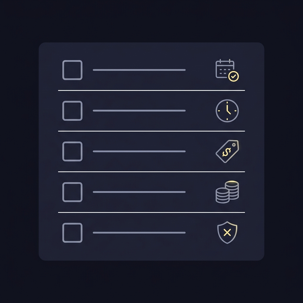Minimalist 2D vector checklist on dark Funded Plays style background showing five icon boxes for availability schedule best price stake and stop rule Common NBA Trading Mistakes