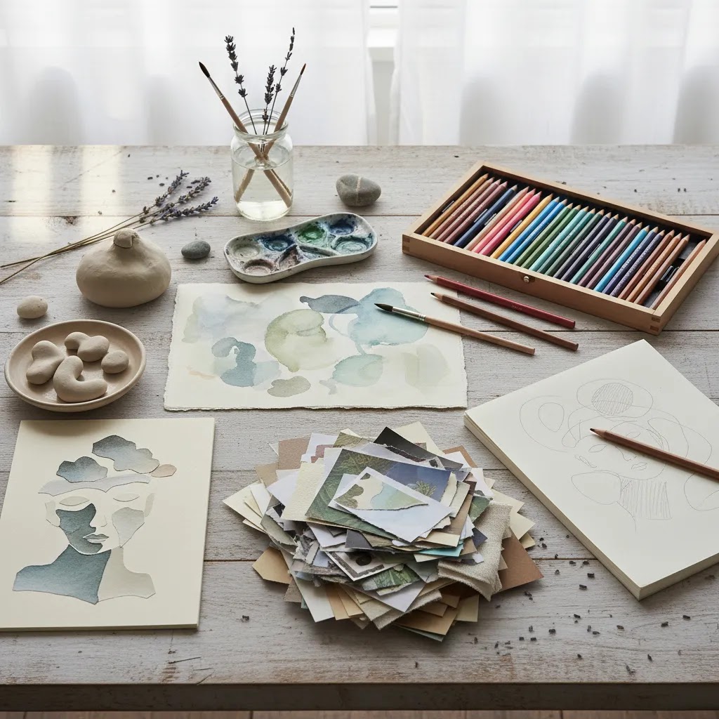 Art therapy for depression mediums including watercolor pencils collage and clay in a clean editorial layout