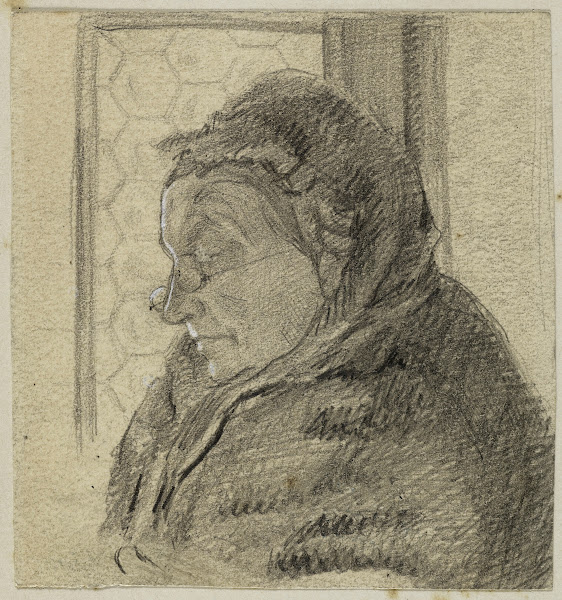 Portrait de femme âgée devant une fenêtre de profil vers la gauche