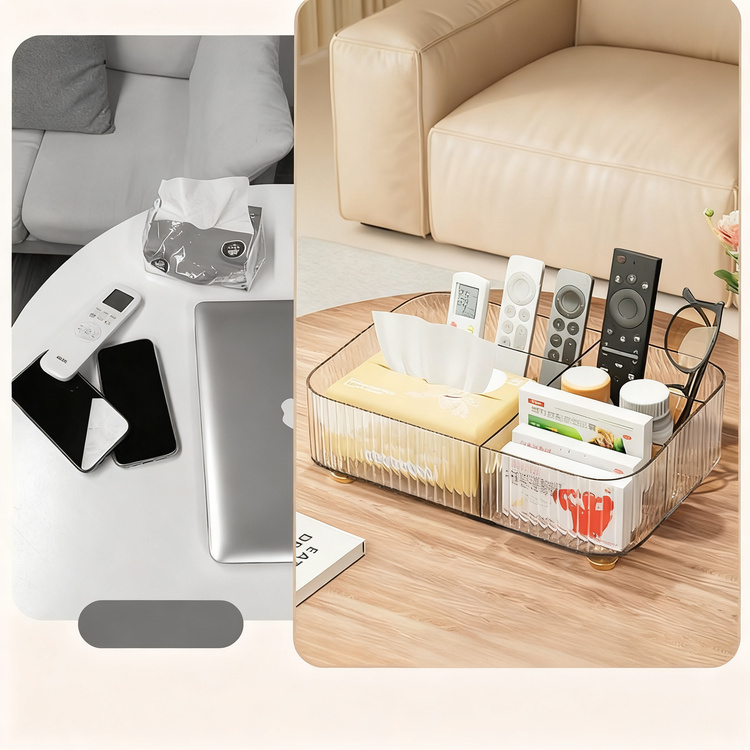 Desk storage with compartments, transparent