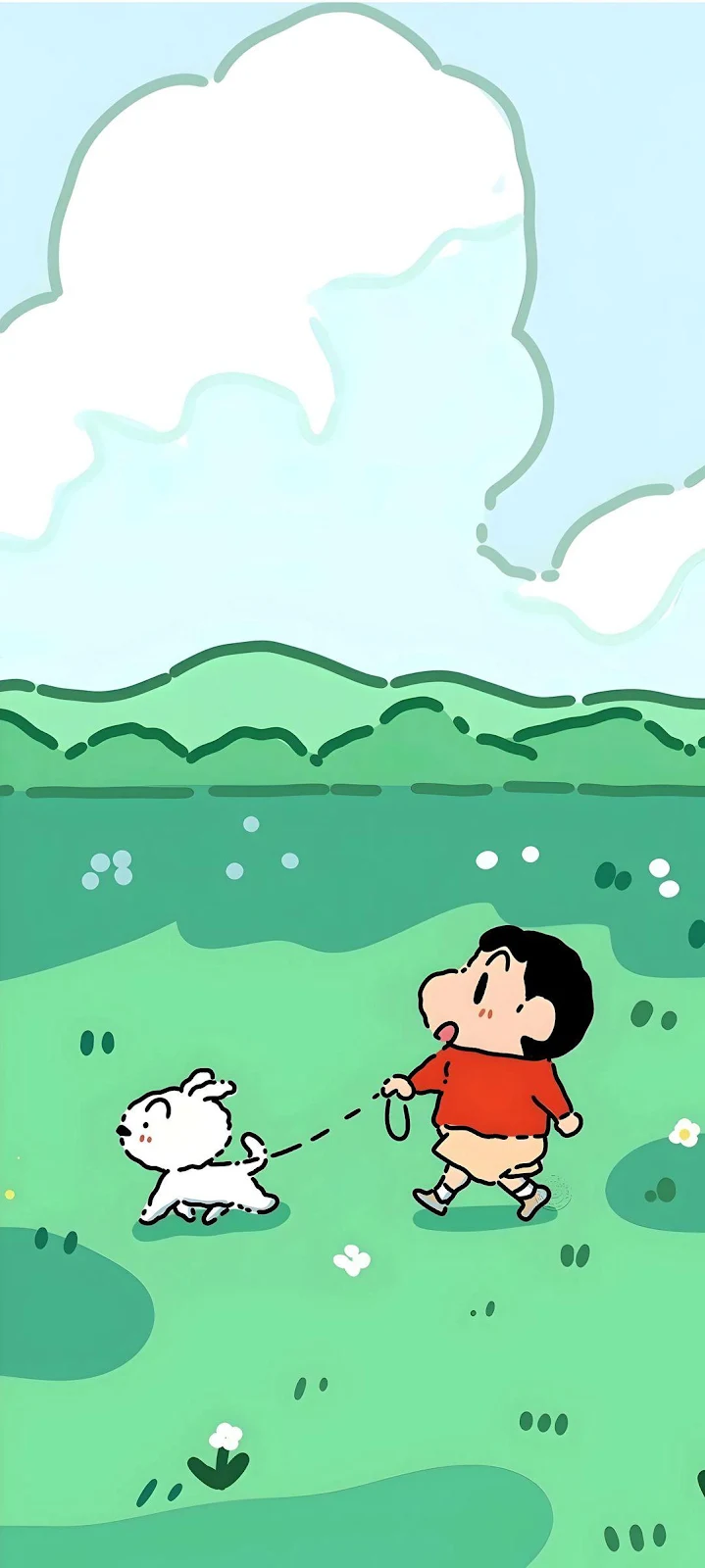 Shin-chan Walking Shiro in Field - Anime Illustration Full HD iPhone Wallpaper (1080x2402)