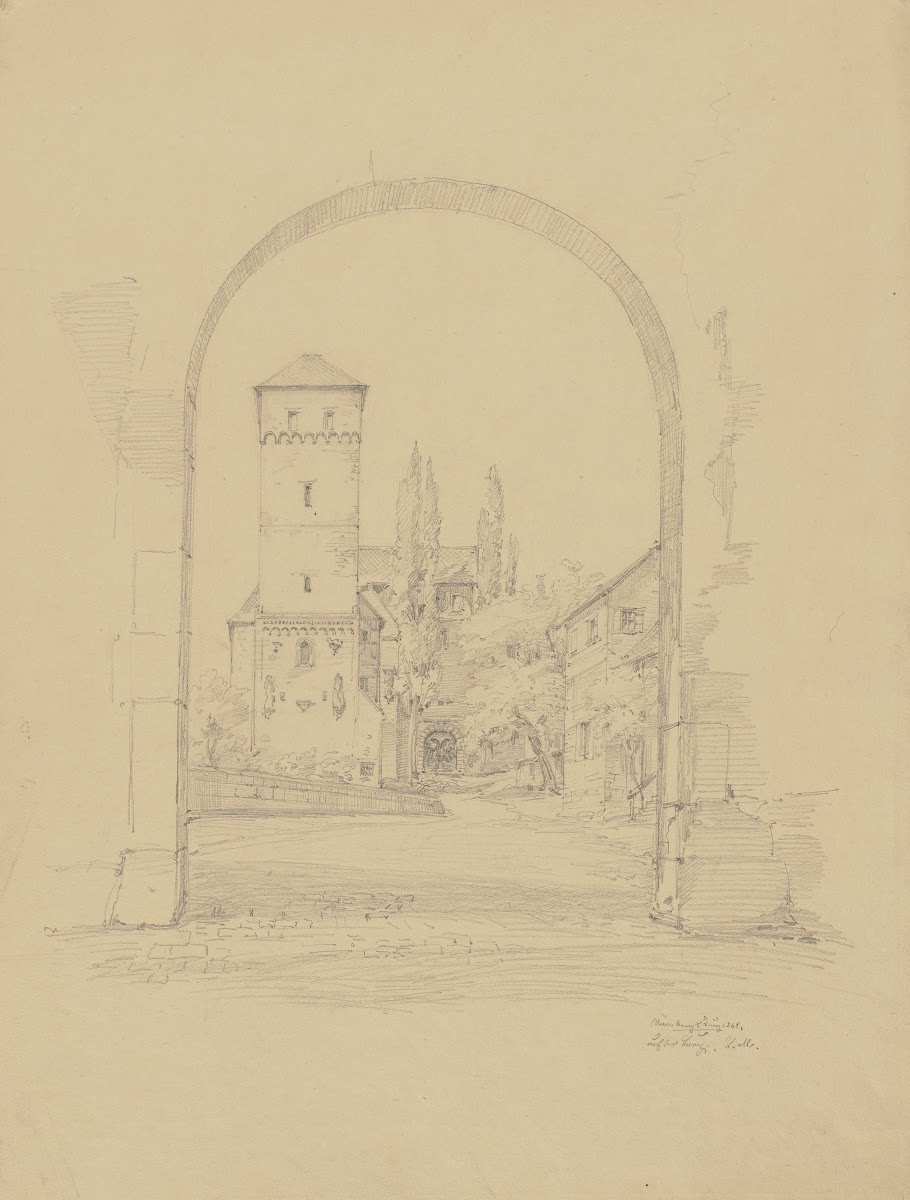 Blick durch einen Torbogen auf den Heidenturm der Nürnberger Burg 1848
