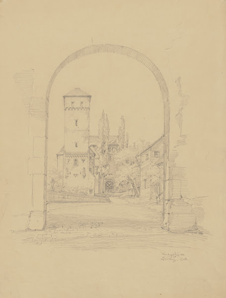 Blick durch einen Torbogen auf den Heidenturm der Nürnberger Burg 1848