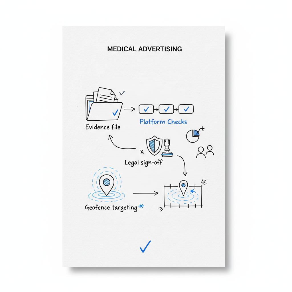 Notebook-style minimalist sketch of a step-by-step medical advertising campaign checklist with icons for evidence file, platform checks, legal sign-off and geofence targeting