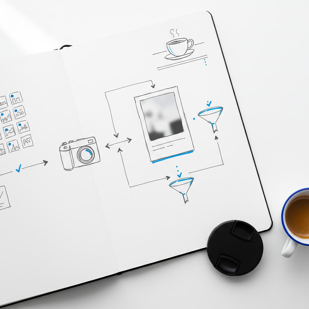 Notebook-style sketch and still-life of event photo curation: camera, coffee cup, flyer mock-up and photo thumbnails arranged as a planning page for Yelp events