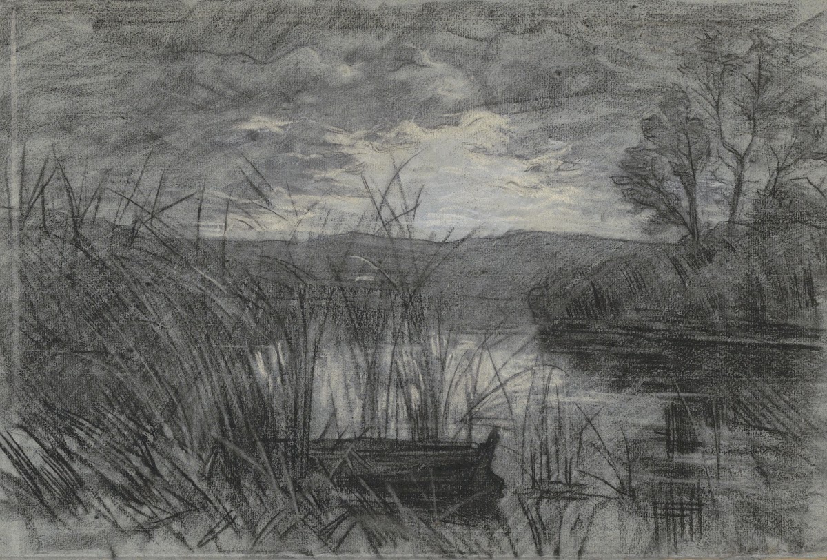 Landschap met een roeiboot tussen het riet van een rivier 1874   1925