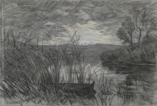 Landschap met een roeiboot tussen het riet van een rivier 1874   1925