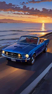 Blue classic Mustang cruises coastal highway at sunset