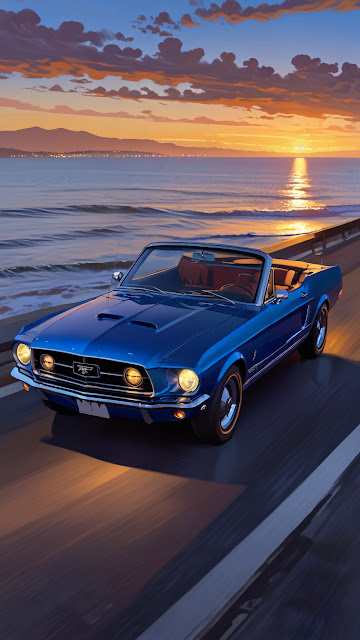 Blue classic Mustang cruises coastal highway at sunset - Free mobile Wallpaper