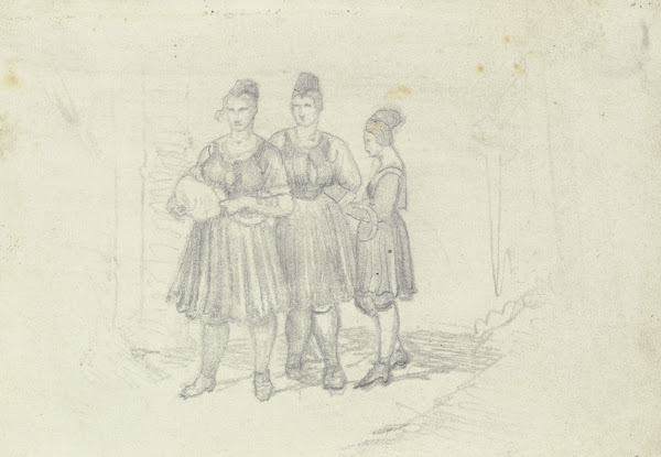 Drei Bauernmädchen in oberhessischer Tracht