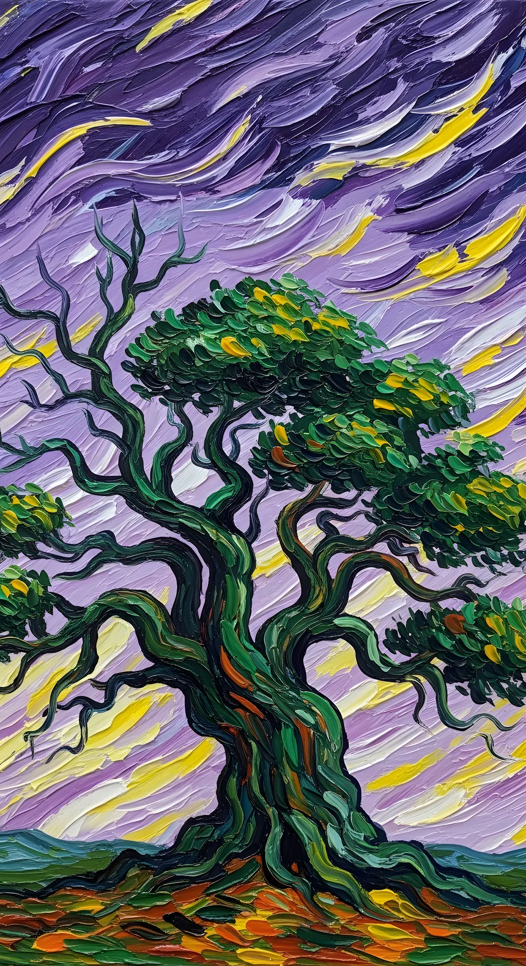 Impasto Oil Painting of a Gnarled Tree at Dusk - Free 4K mobile Wallpaper