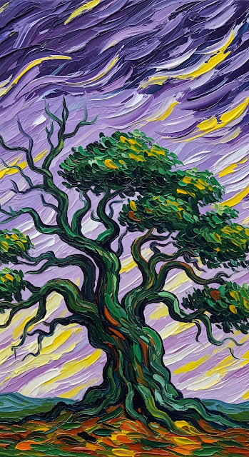 Impasto Oil Painting of a Gnarled Tree at Dusk - Free mobile Wallpaper