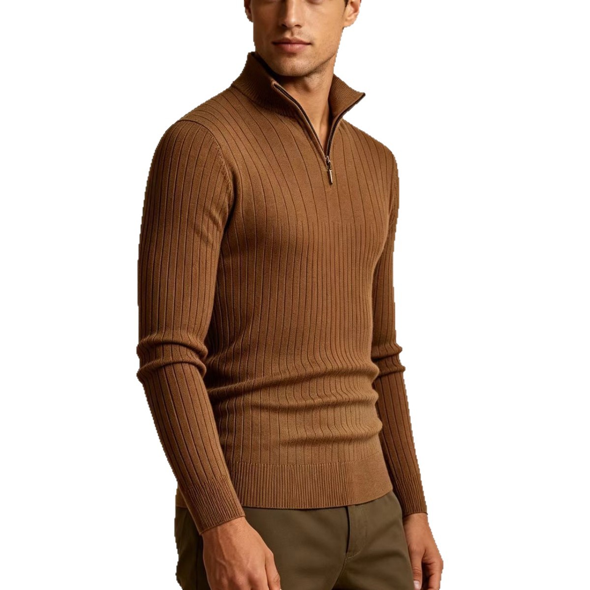 Men's knit pullover with stand-up collar and zipper