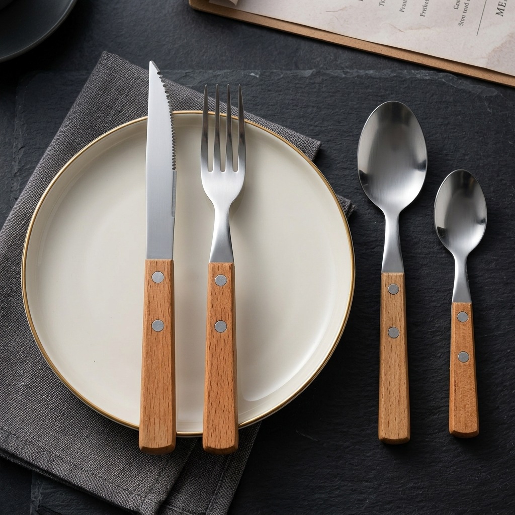Besteckset 12-teilig, Edelstahl mit Holzgriff
