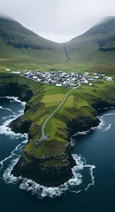 Remote Gásadalur Village Green Cliffs Faroe Islands