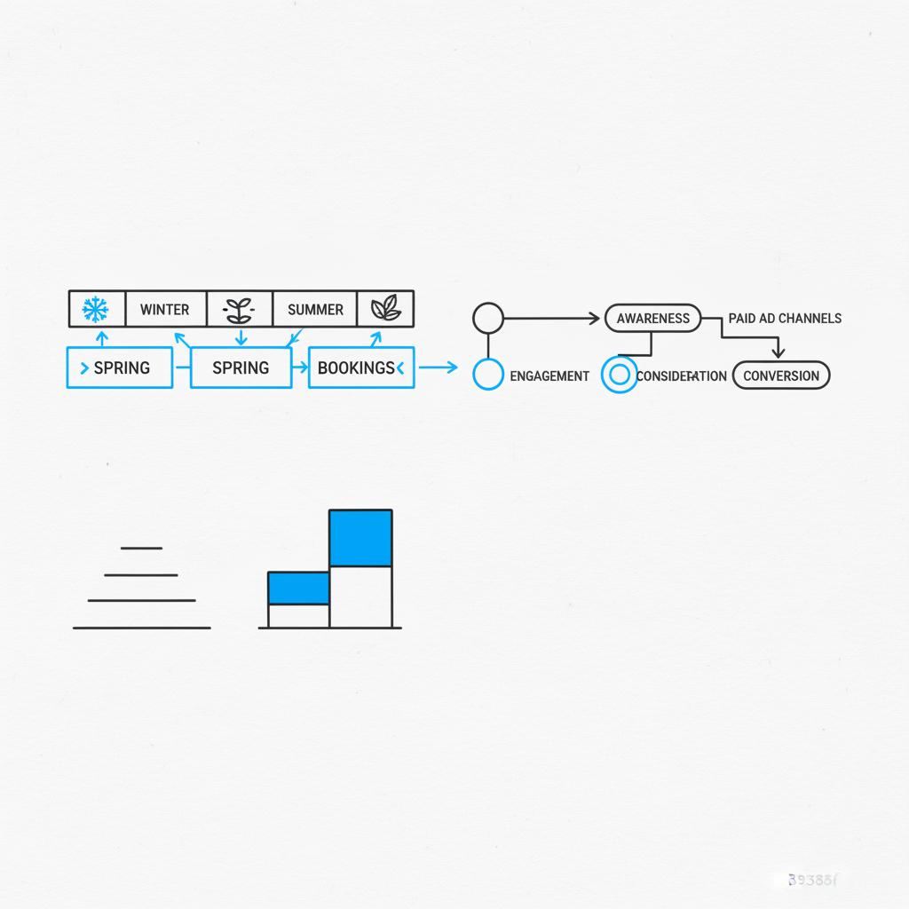 Minimal 2D vector notebook-style sketch of a seasonal calendar, pipeline arrows, and small conversion ladder illustrating a landscaping marketing budget plan