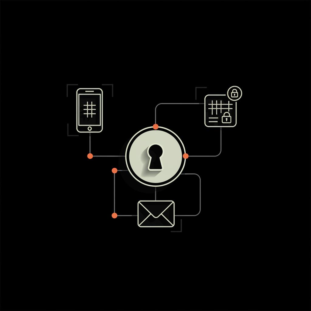 Minimal vector infographic of phone, authenticator app and backup email icons linked to a central account icon on black background in brand colors — use Gmail for Microsoft account