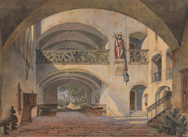 Innenhof eines Klosters mit Schmerzensmann und Durchblick auf eine Burg 1845