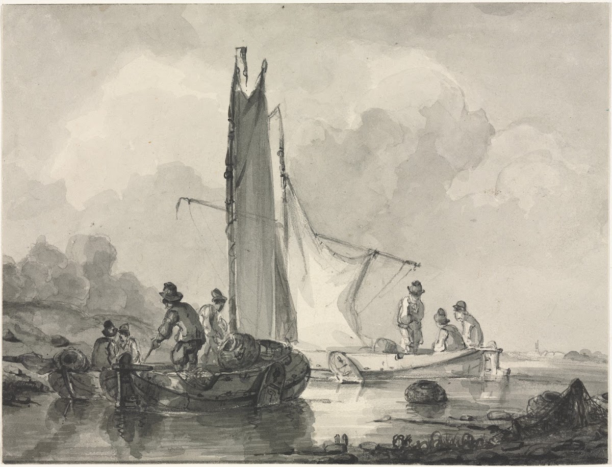River Landscape with Fisherman and Three Boats 19th century