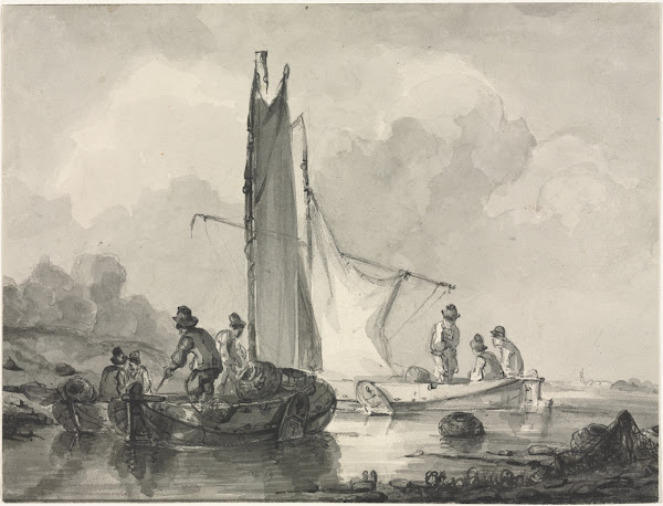 River Landscape with Fisherman and Three Boats 19th century