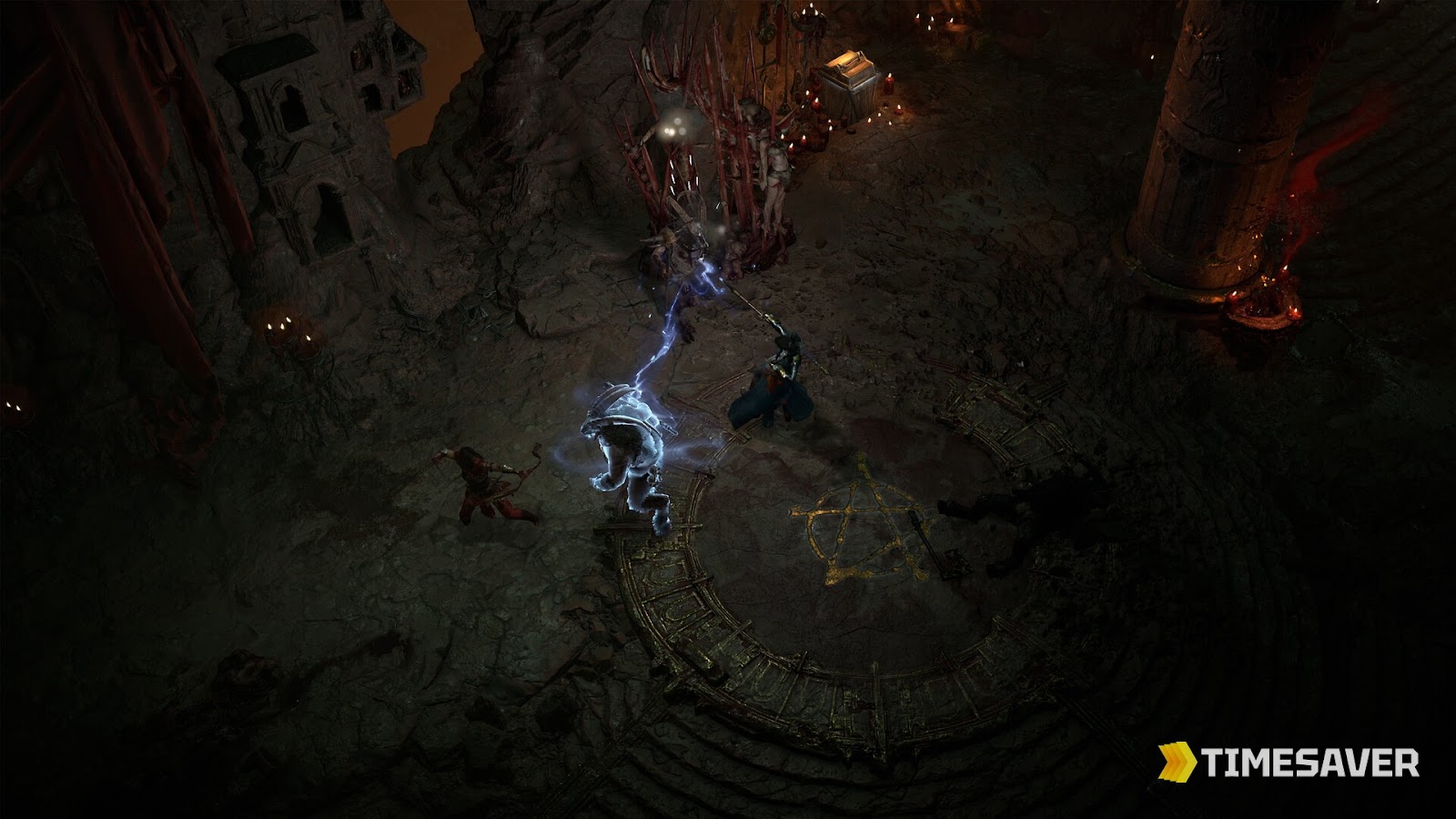 Several Diablo IV players battling enemies together around a glowing ritual circle in a dark dungeon
