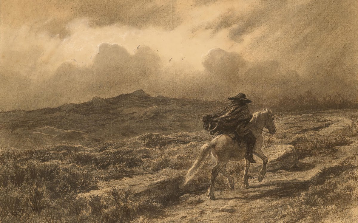 Horse and rider on the Scottish highlands The approaching storm