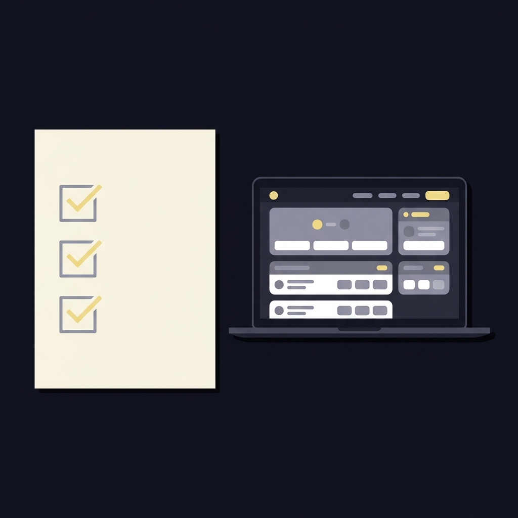 Minimal flat lay 2D vector of a checked checklist paper beside a laptop showing a simplified sportsbook interface representing circa sports betting in Funded Plays brand colors