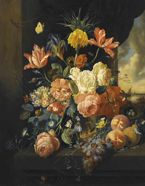 Still life with tulips roses and fruit