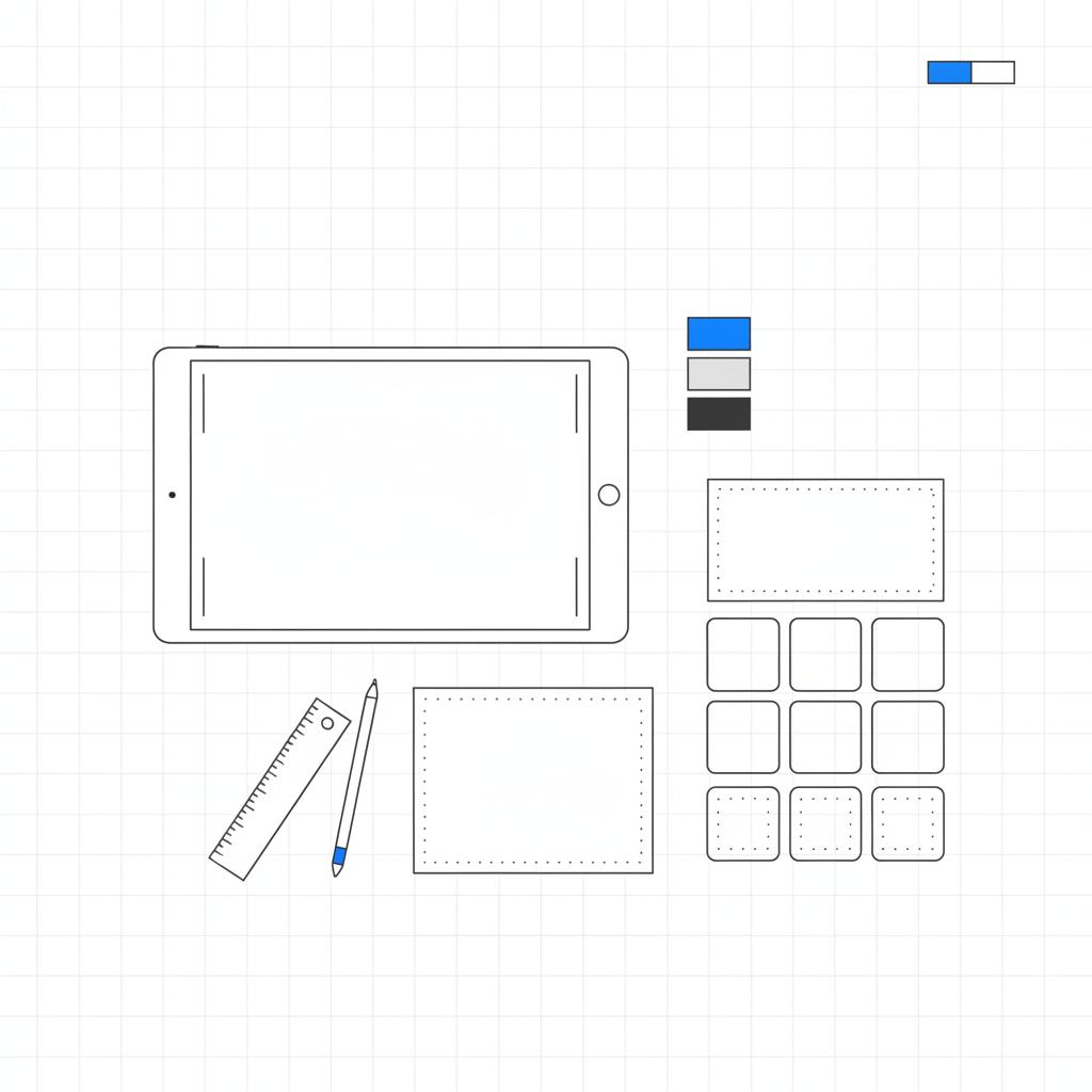 Minimal 2D vector close-up of a designer&rsquo;s desk with a tablet, blue #1a5bfb color swatches and simple geometric layout blocks on a white page &mdash; visually referencing the facebook 20% rule