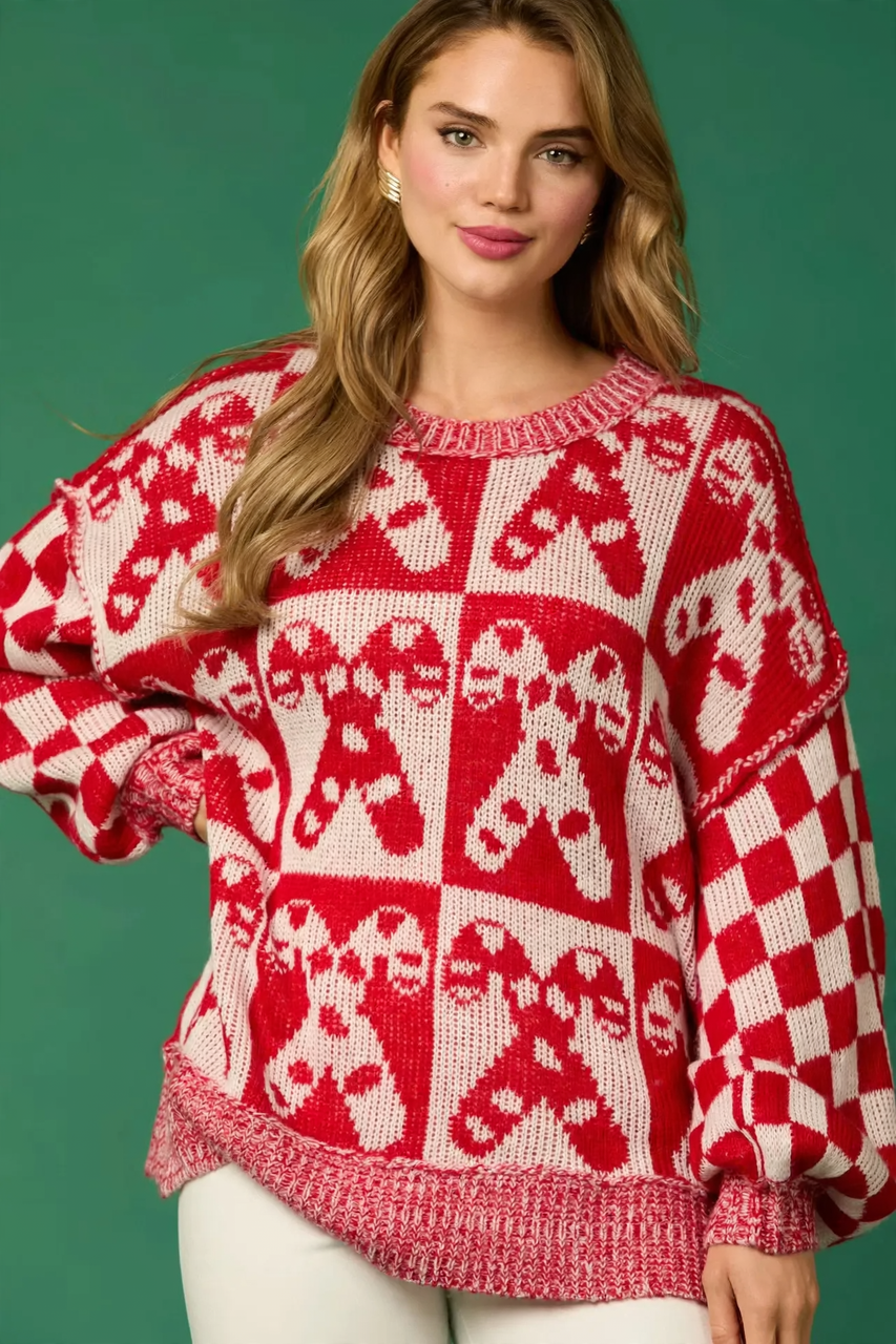 Damen-Weihnachtspullover, kariert, lockere Passform