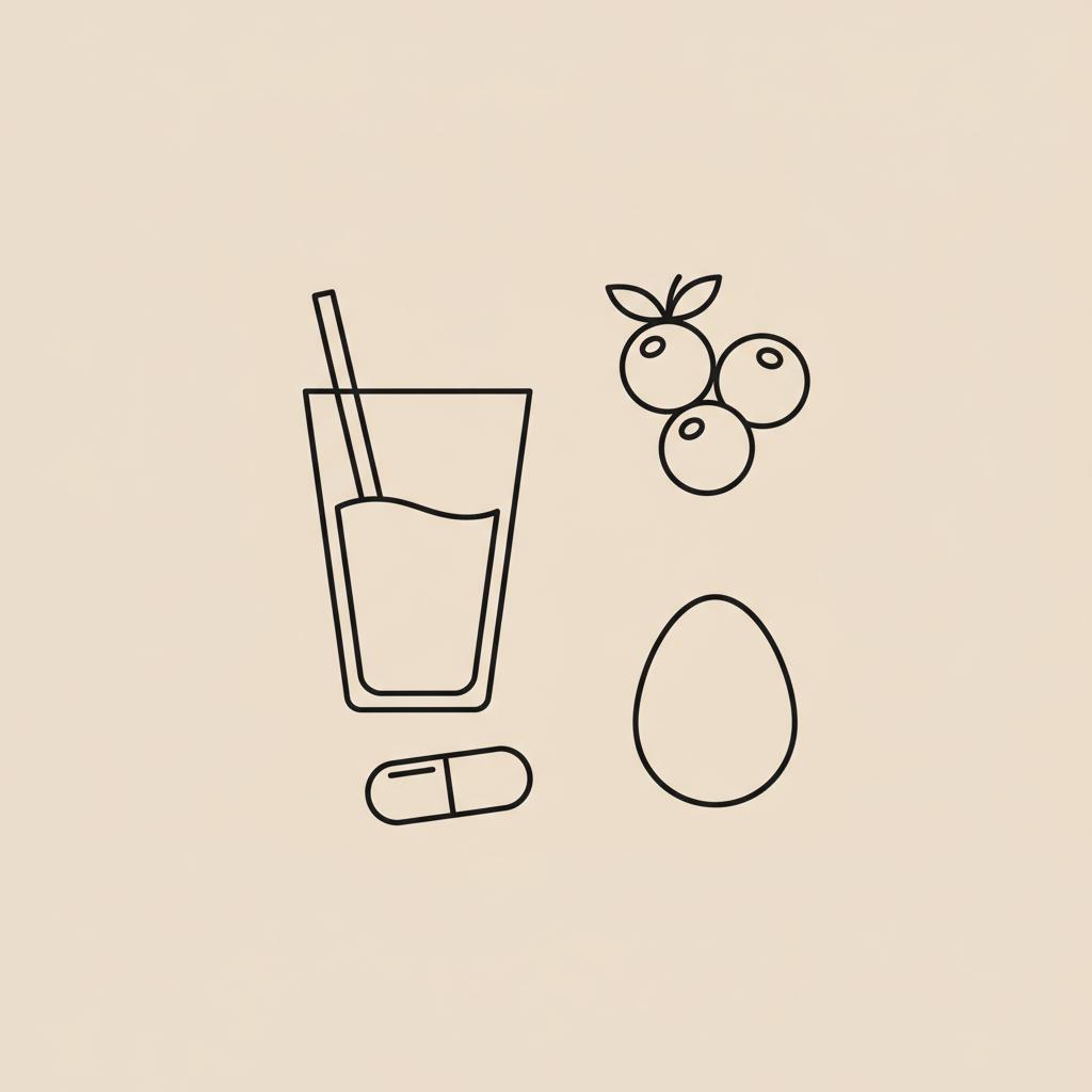 Minimal Tonum-style thin-line vector of a protein shake glass, small berries, an egg, and a capsule on beige background — high protein drinks for weight loss