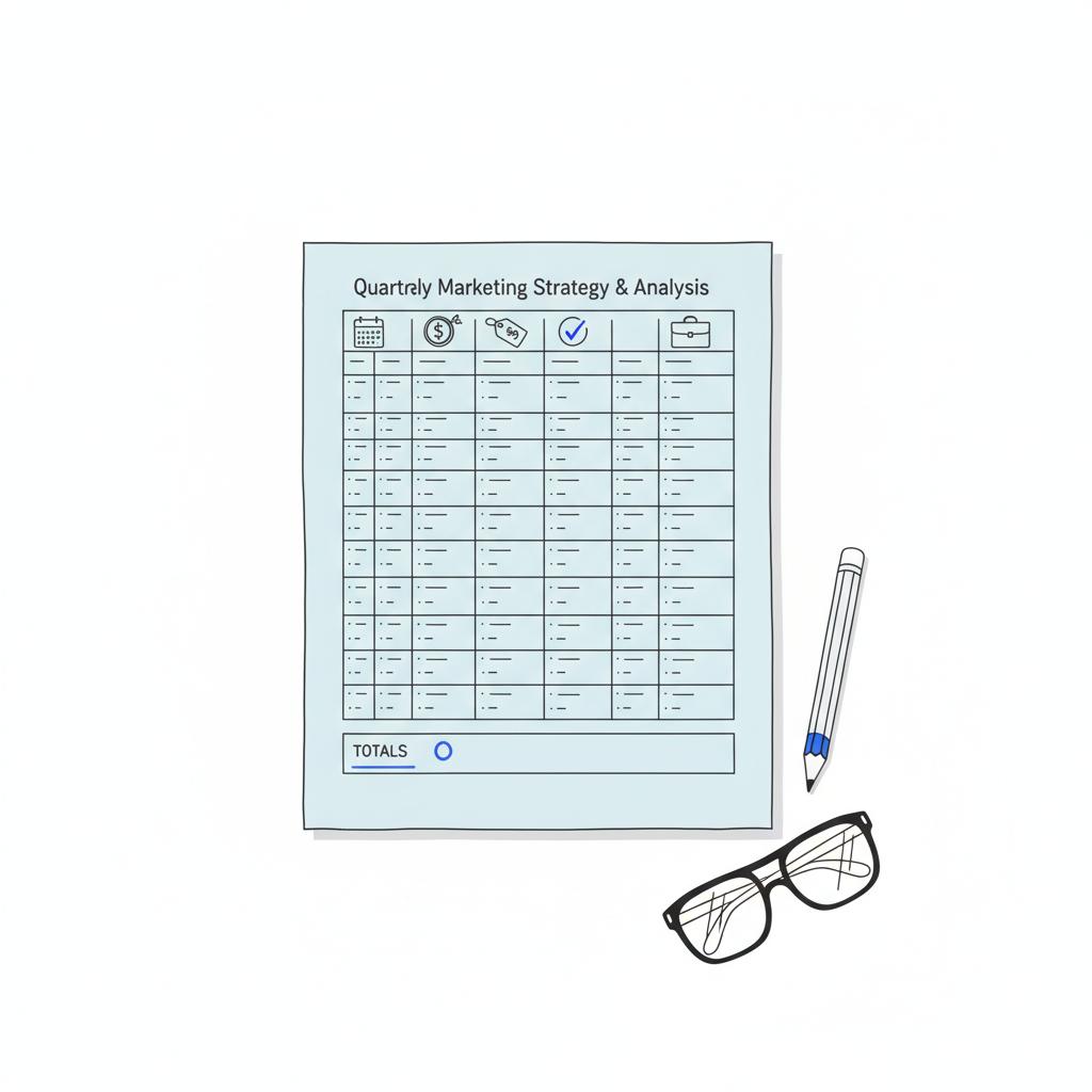Overhead minimalist desk with hand-sketched vector spreadsheet for date, lead cost, outcome, job value, pencil and safety glasses, blue totals accent &mdash; can you advertise on Angi