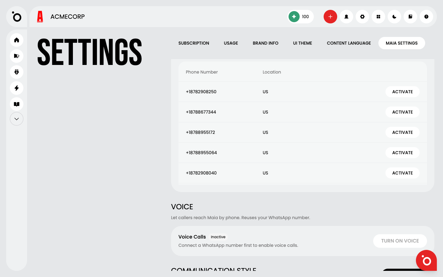The Voice section in an inactive state, sitting below a connected WhatsApp number