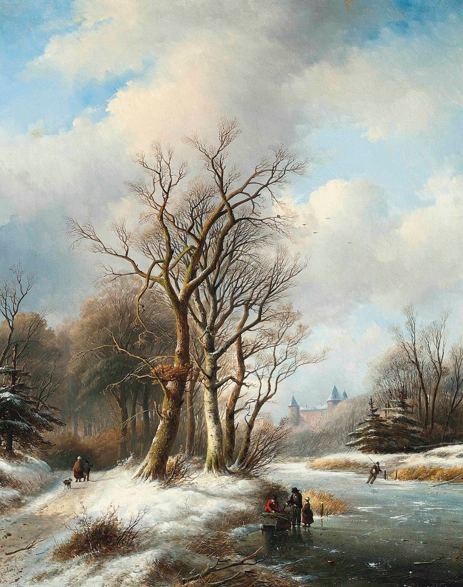 Figures on a frozen waterway a castle beyond