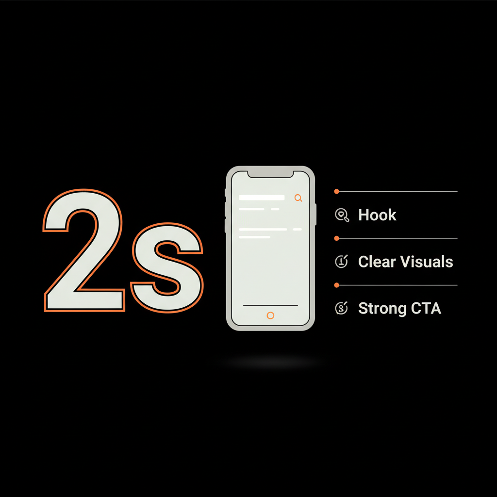 Minimal 'First 2 Seconds' infographic with large 2s icon, phone mockup, and three brief captions illustrating engagement steps — how to trend on instagram