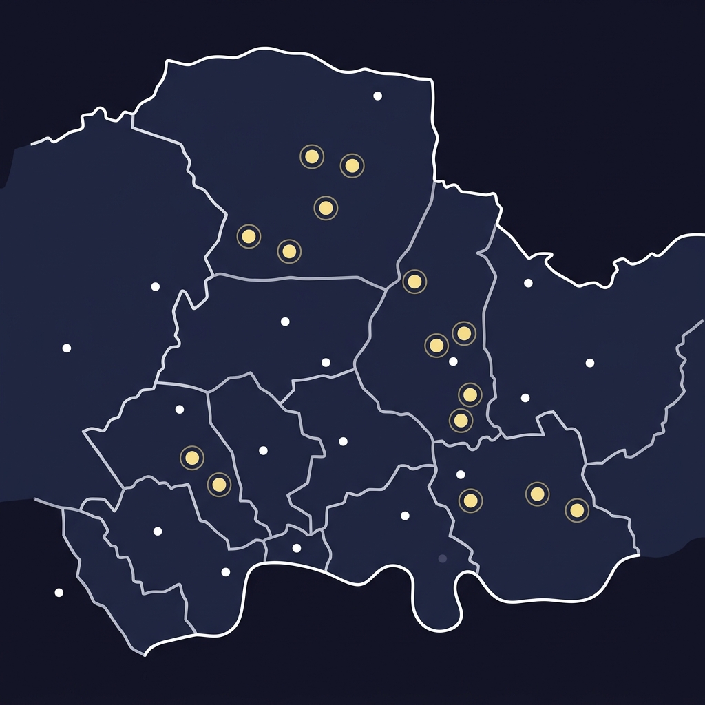 Minimal vector map of North and North East London boroughs with subtle pale yellow community markers on dark navy background showing spatial cues fulham prediction