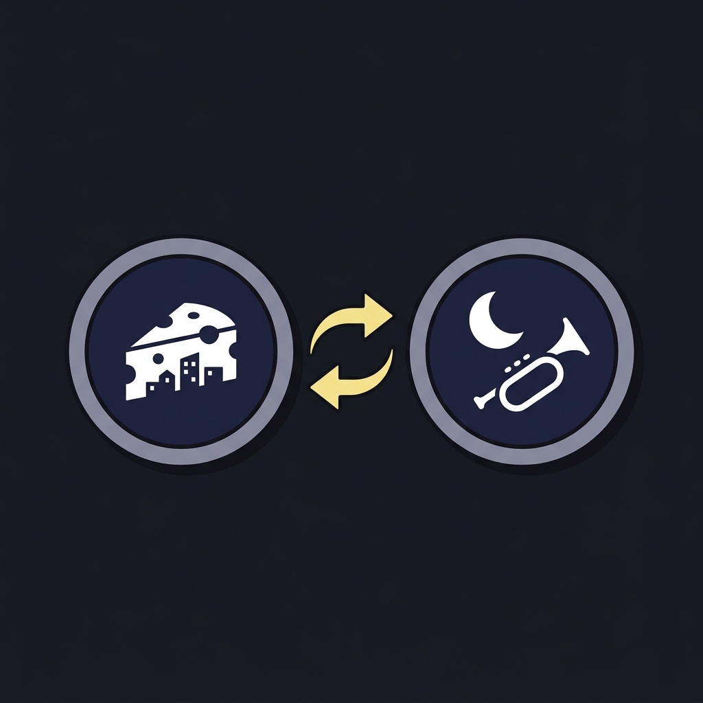 Minimal 2D vector illustration of two draft slot tokens connected by exchange arrows in Funded Plays brand colors depicting a Bucks and New Orleans trade concept bucks prediction