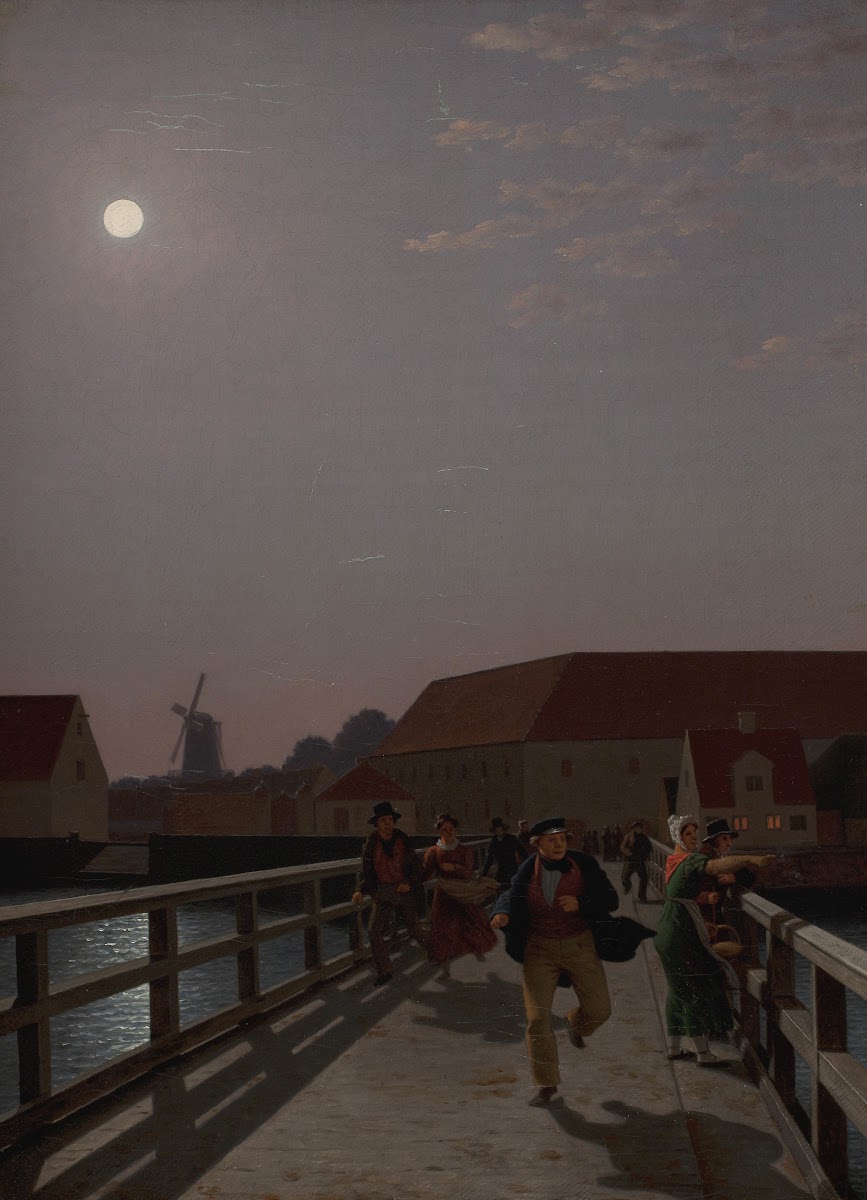 Langebro Copenhagen in the Moonlight with Running Figures 1836