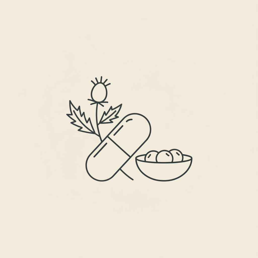Minimal Tonum-style line illustration of a capsule, milk thistle sprig, and a small bowl of berries on beige background — best non prescription weight loss pill