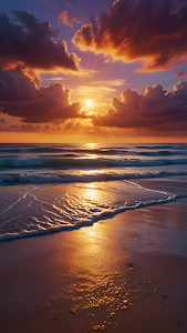 Golden Sunset Over Ocean Waves on Sandy Beach