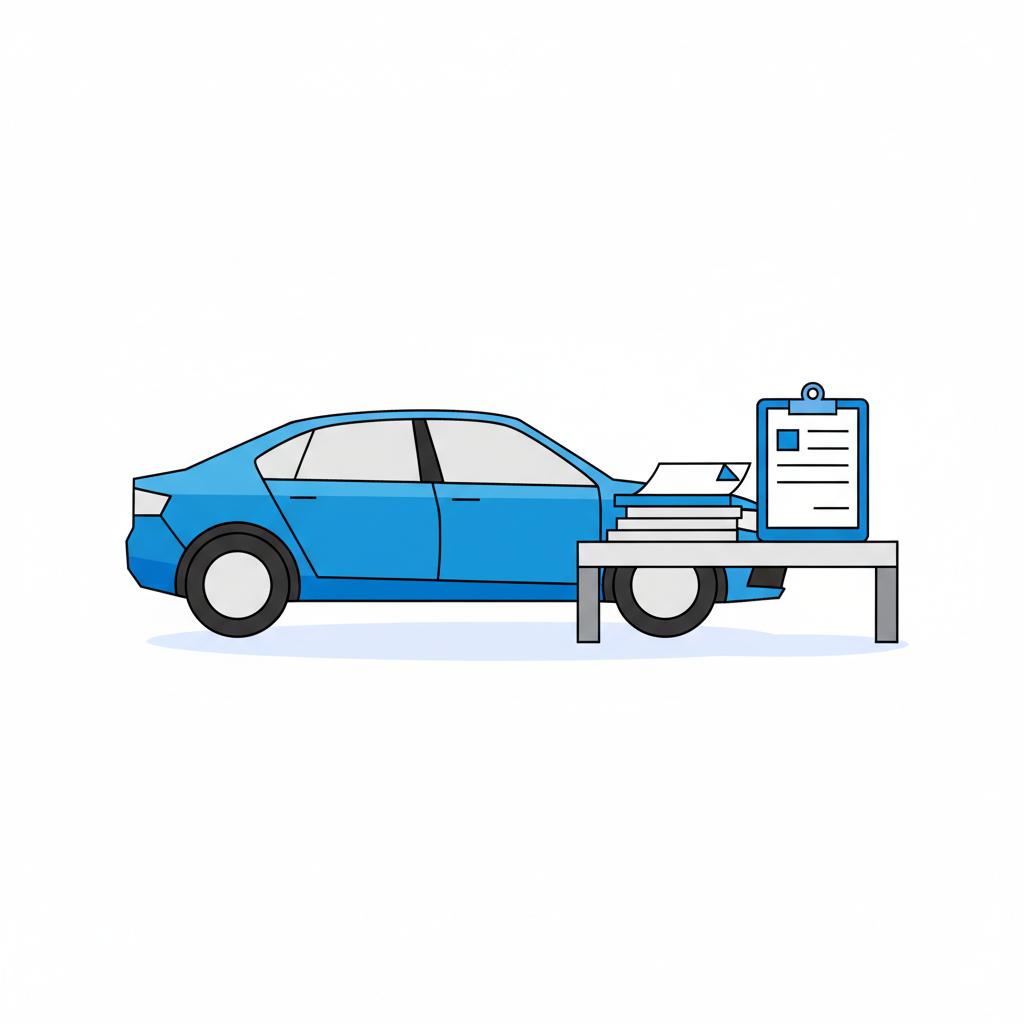 Minimalist 2D vector of a sedan next to a desk with visible paperwork and clipboard representing trade in value car estimation in white and blue brand colors