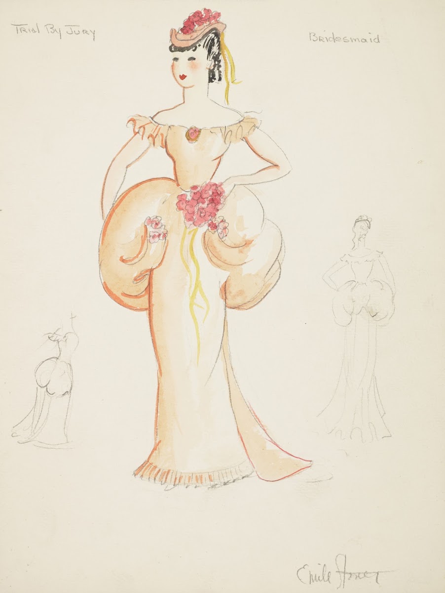 Trial by Jury Bridesmaid Orange dress with puffed waist Orange cap with red flow