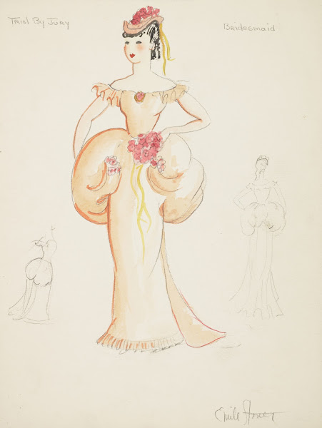 Trial by Jury Bridesmaid Orange dress with puffed waist Orange cap with red flow