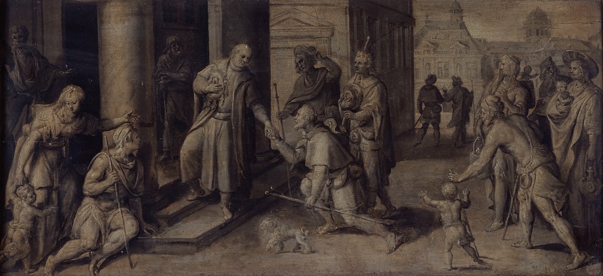 Saint Luke Giving three Pilgrims Alms